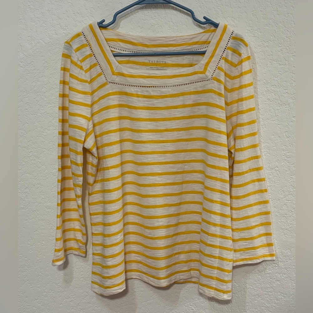 Talbots Yellow and White Striped 3/4 Sleeve Women's Top